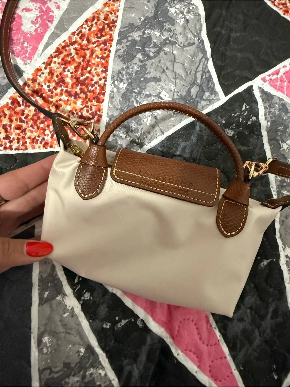 Longchamp Beige Crossbody Bag with Brown Trim and Gold Hardware